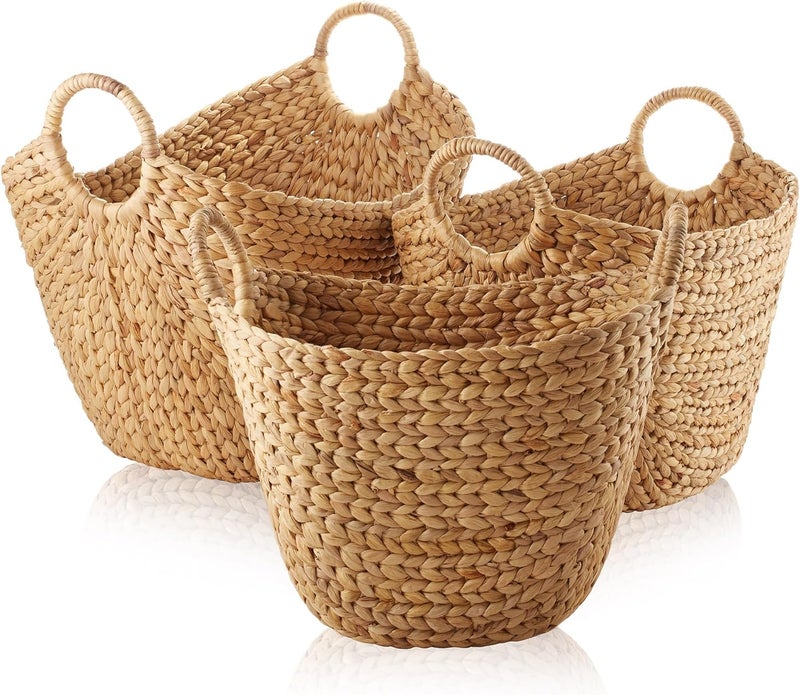 Casafield Set of 3 Multipurpose Boat Baskets with Handles - Natural, Woven Water Hyacinth Storage Organizers for Throw Blankets, Bedroom, Living Room, Laundry - Image 1